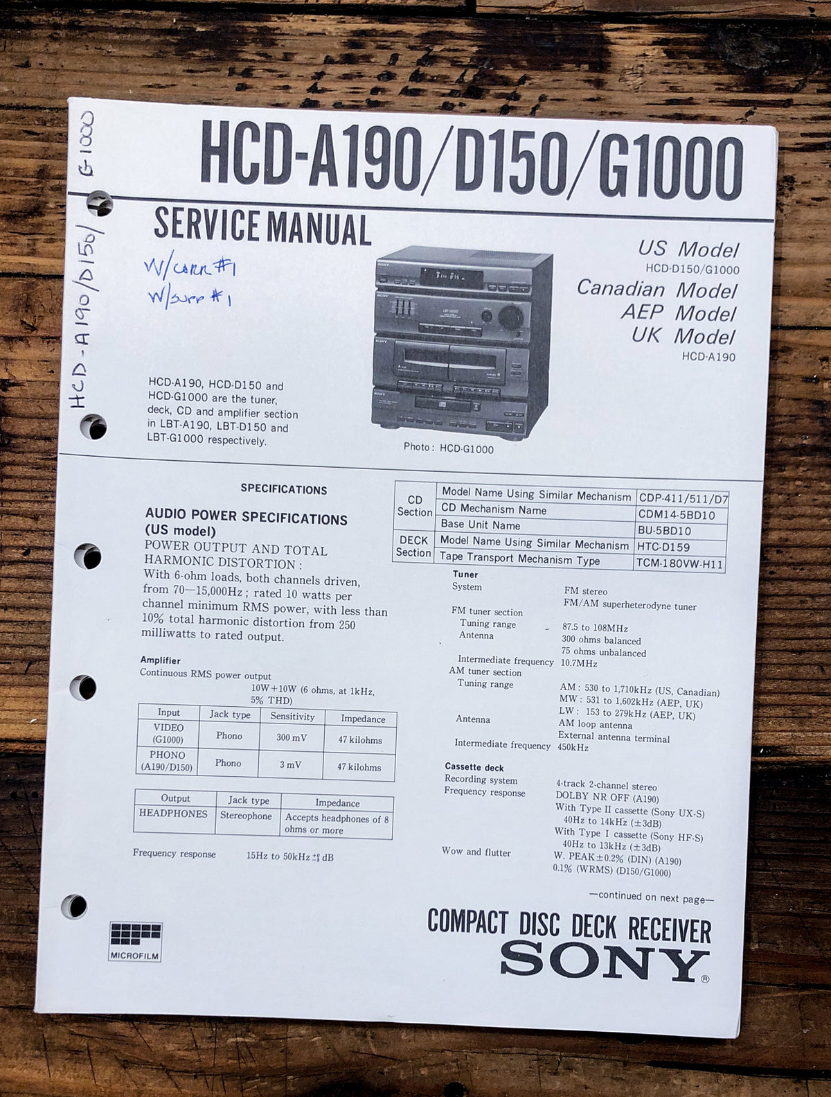 Sony HCD-A190 HCD-D150 HCD-G1000 Stereo Service Manual *Original*