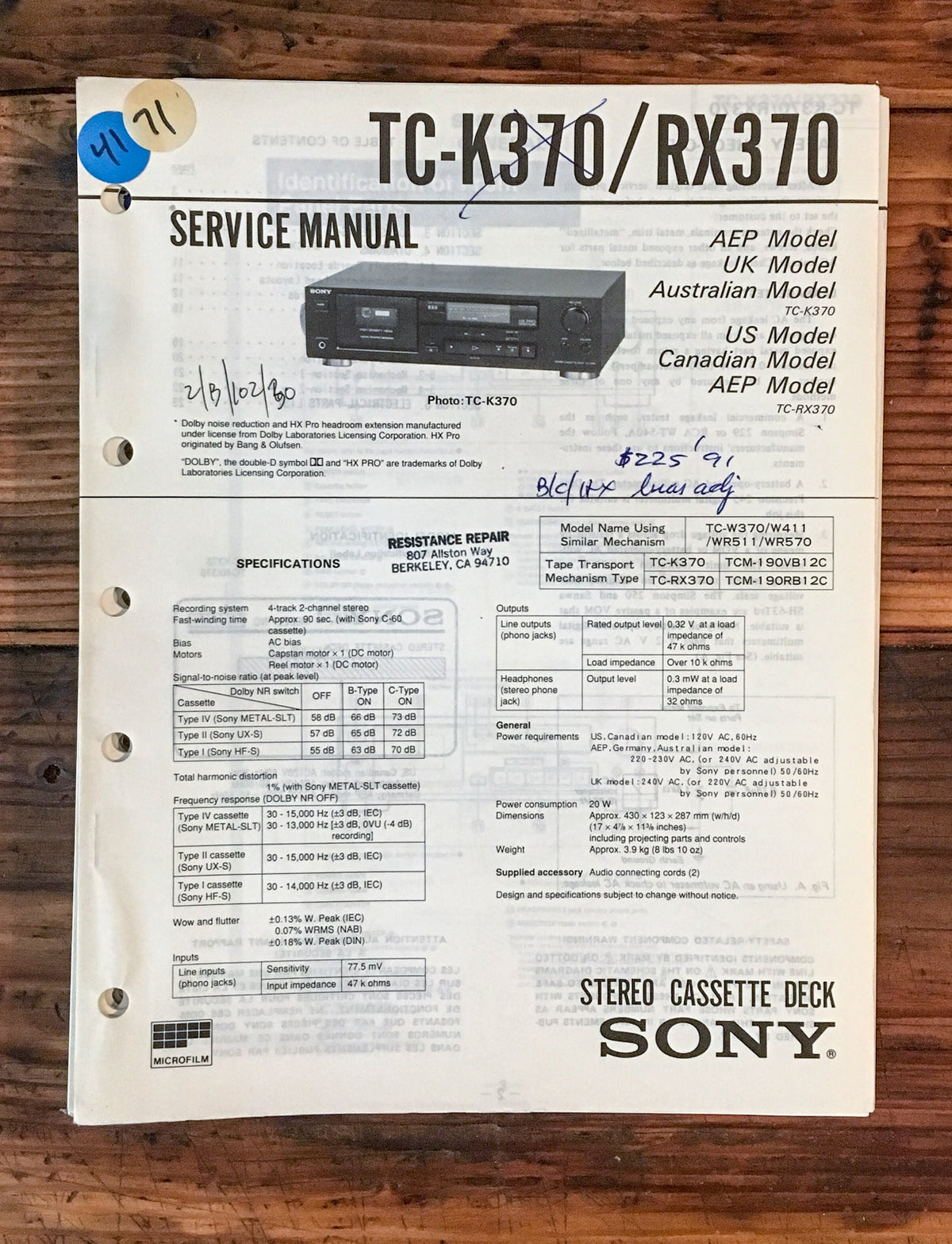 Sony TC-K370 TC-RX370 Cassette Deck Service Manual *Original*