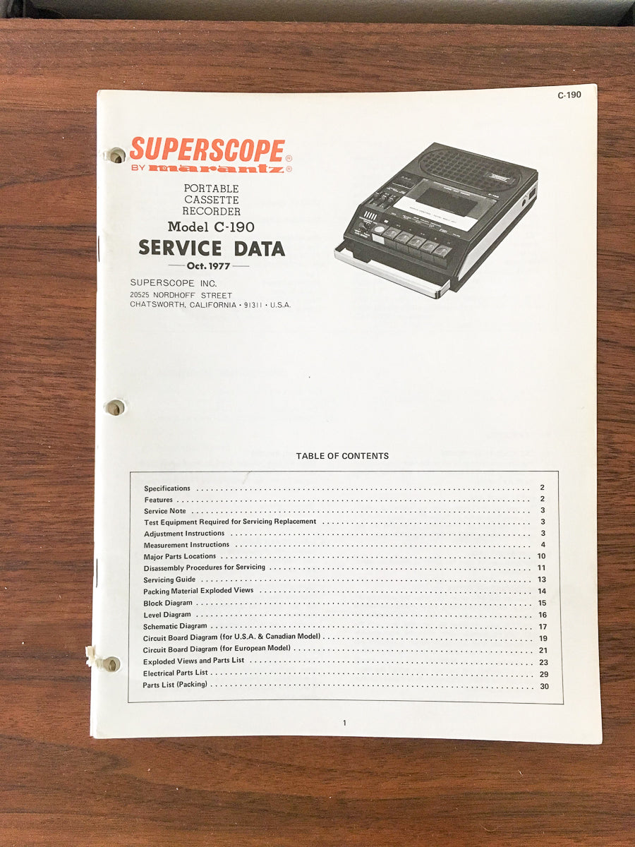 Superscope C-190 Cassette Recorder Service Manual *Original*