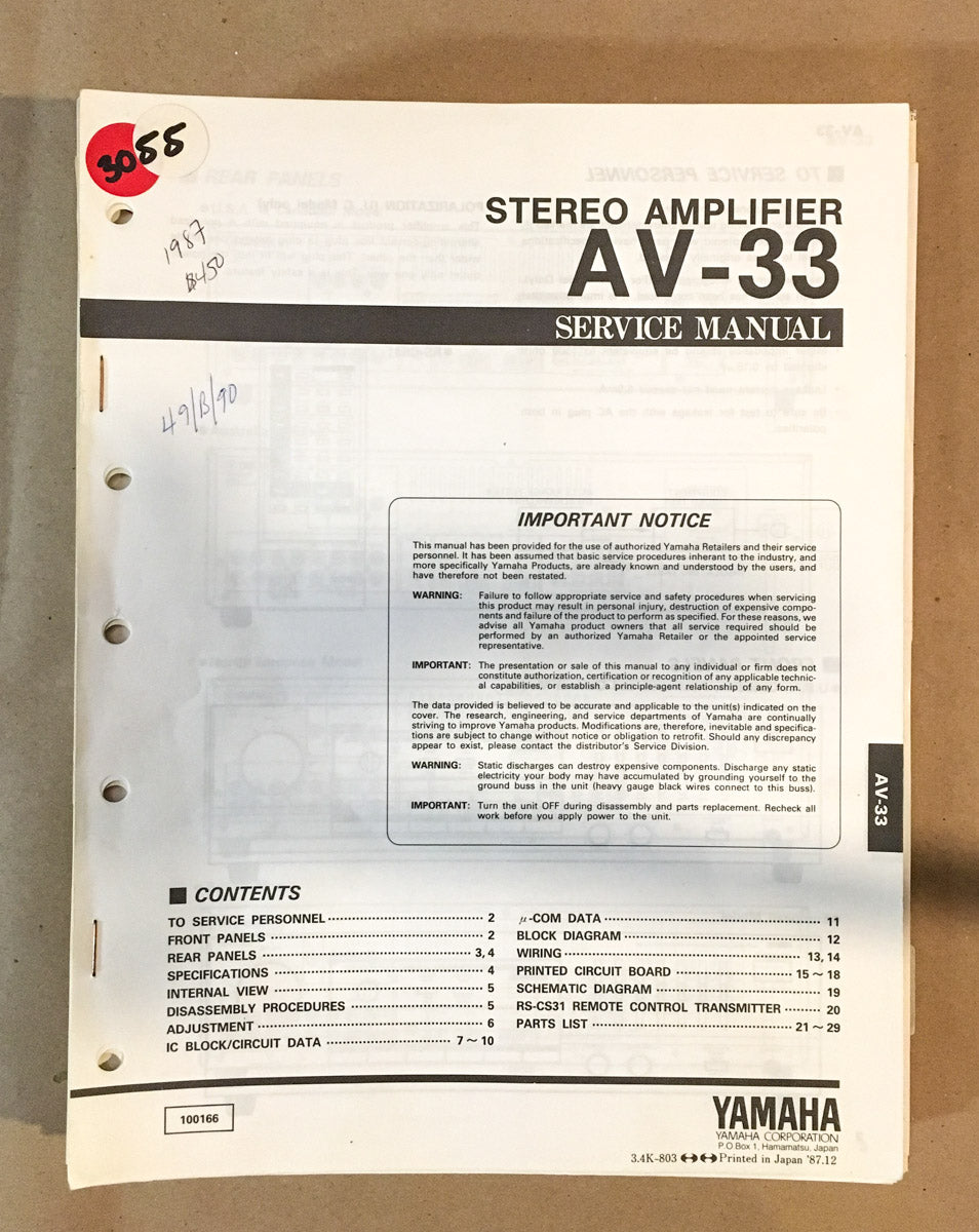 Yamaha AV-33 Amplifier Service Manual *Original*