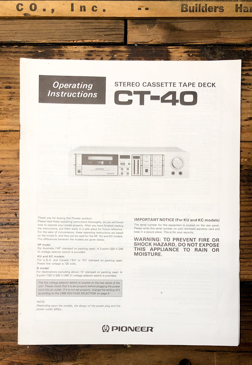 Pioneer CT-40 Cassette Owner / User Manual *Original*