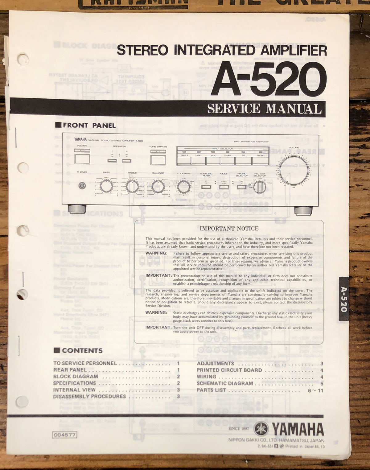Yamaha A-520 Amplifier Service Manual *Original*