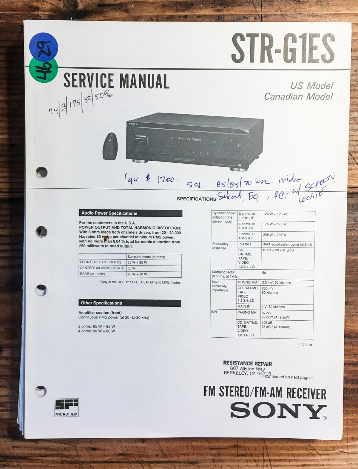 Sony STR-G1ES Receiver Service Manual *Original*