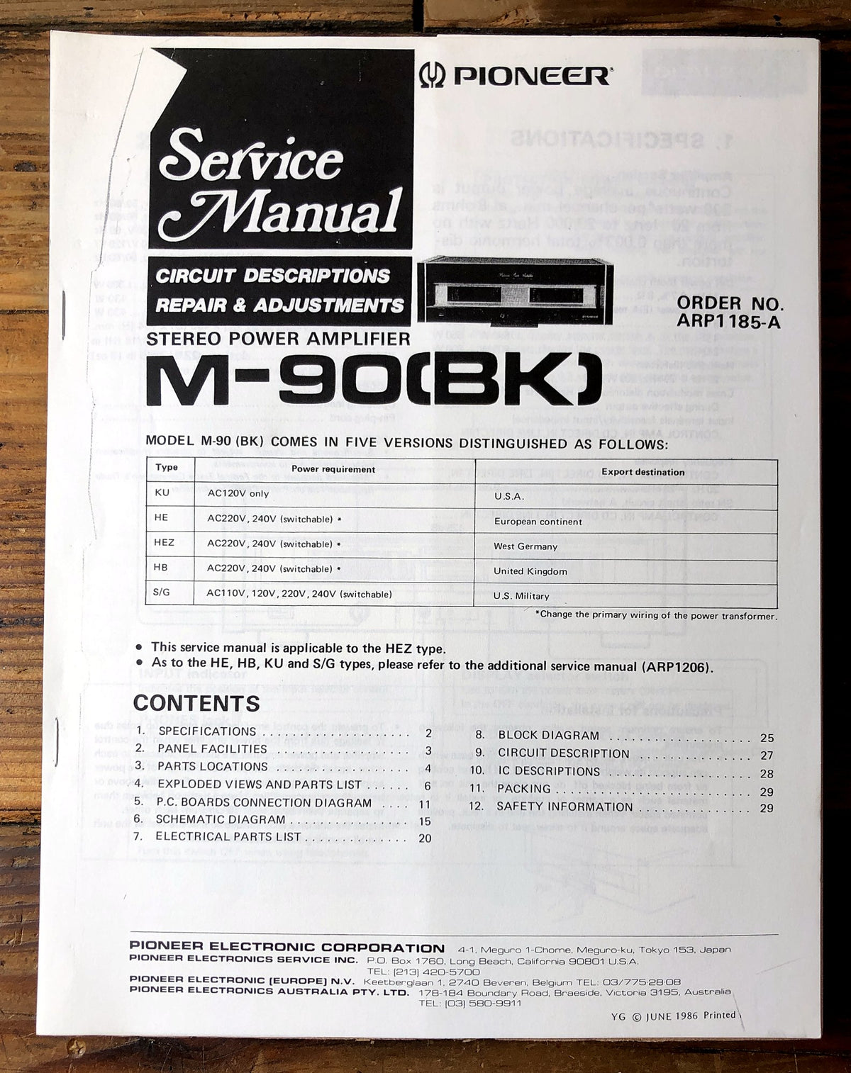 Pioneer M-90 Stereo Power Amplifier Service Manual *Original*