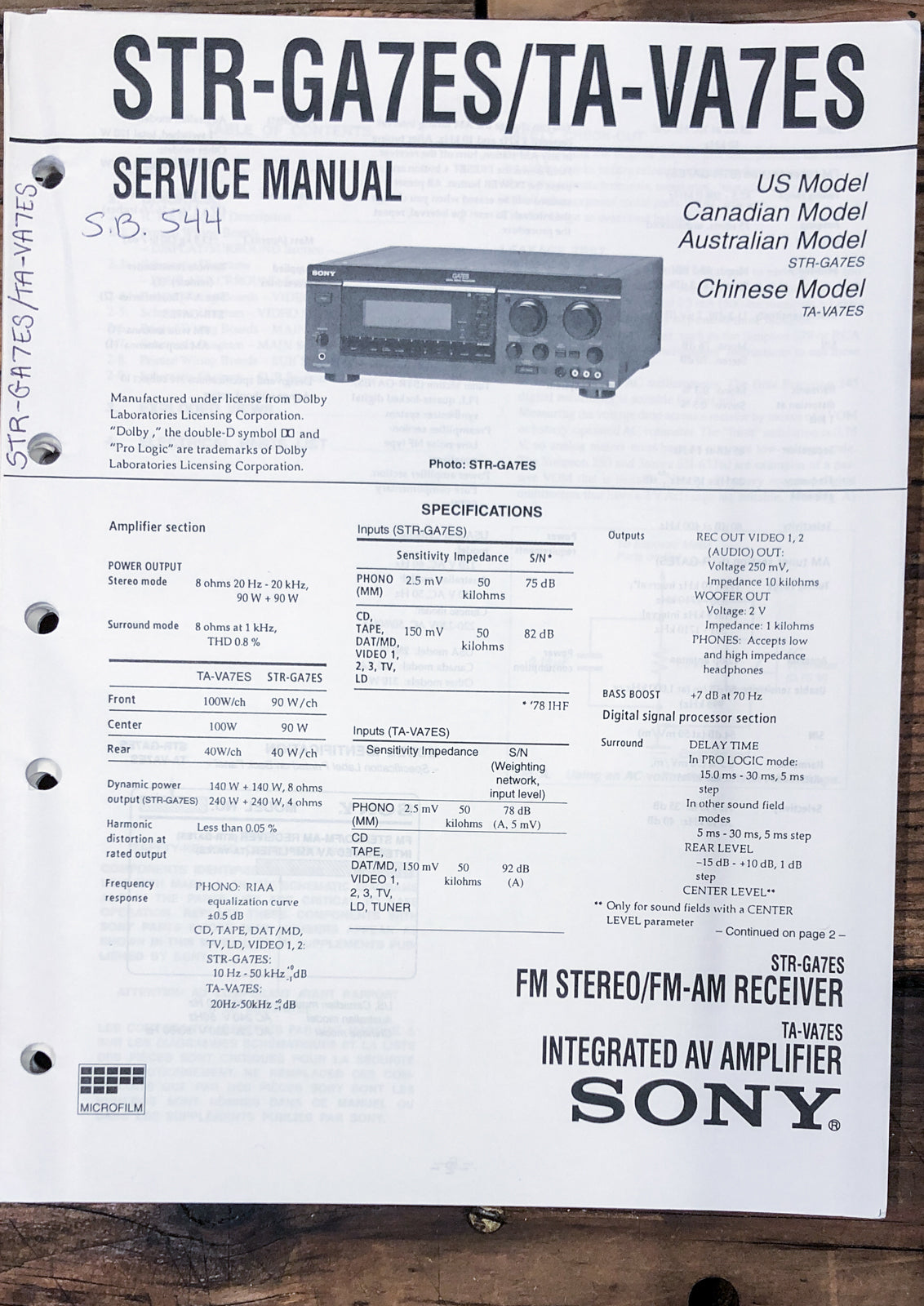 Sony STR-GA7ES TA-VA7ES Receiver Service Manual *Original*
