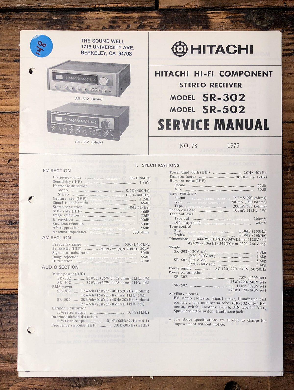 Hitachi SR-302 SR-502 Receiver Service Manual *Original*