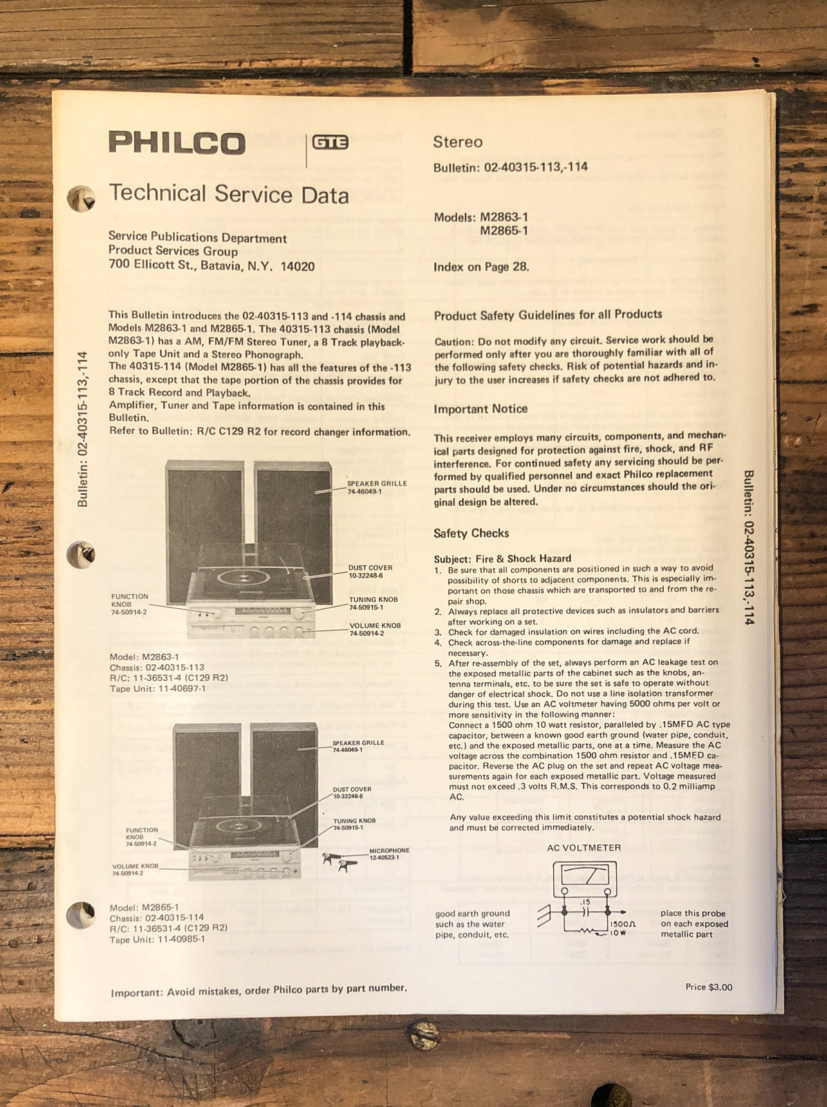 Philco Model M2863-1 M2865-1 Radio / Stereo Service Manual *Original*