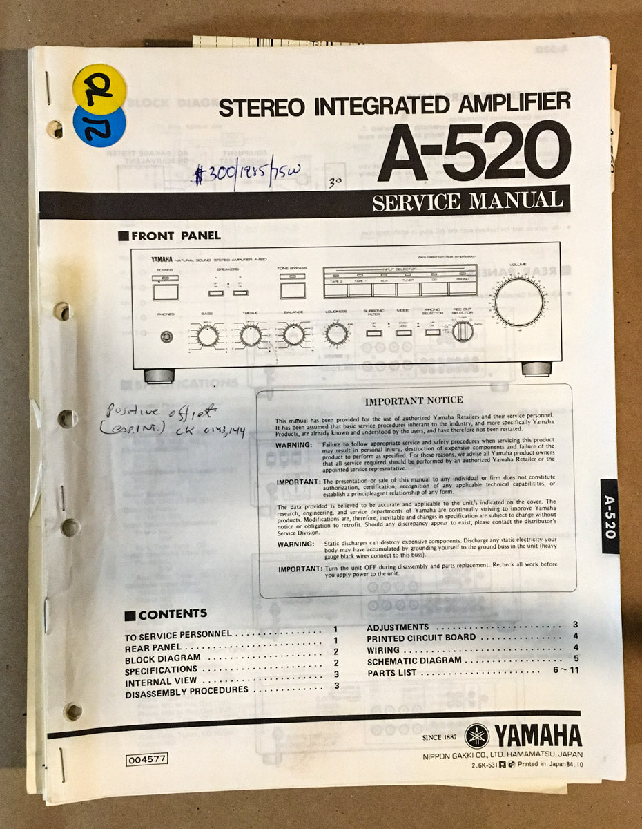 Yamaha A-520 Amplifier Service Manual *Original*