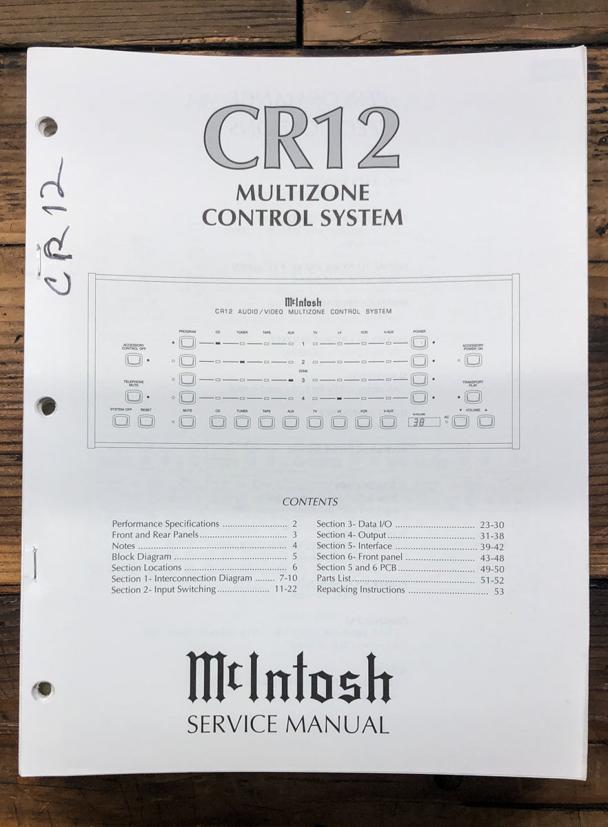 McIntosh CR12 CR-12 Remote Control Center Service Manual *Original*