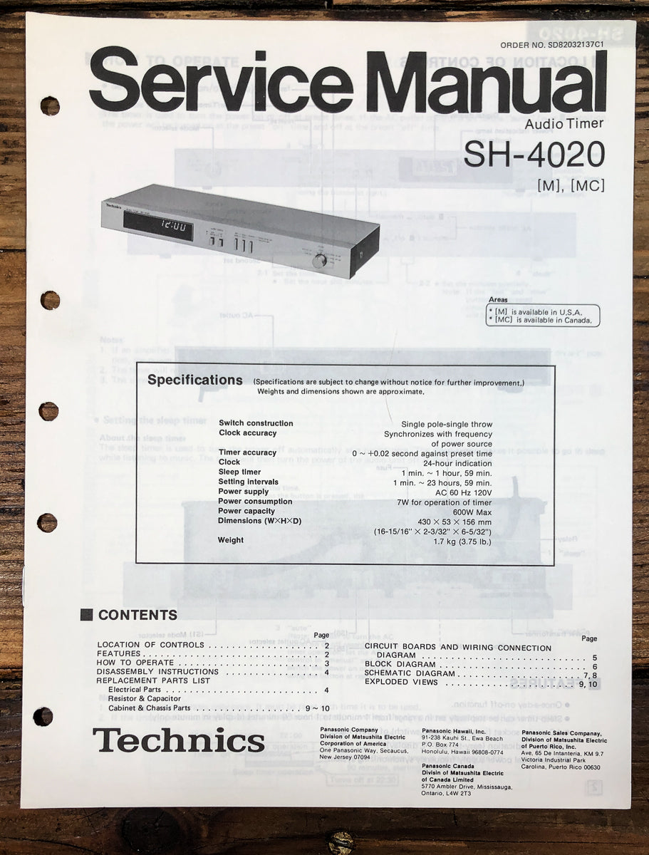 Technics SH-4020 Audio Timer Service Manual *Original*