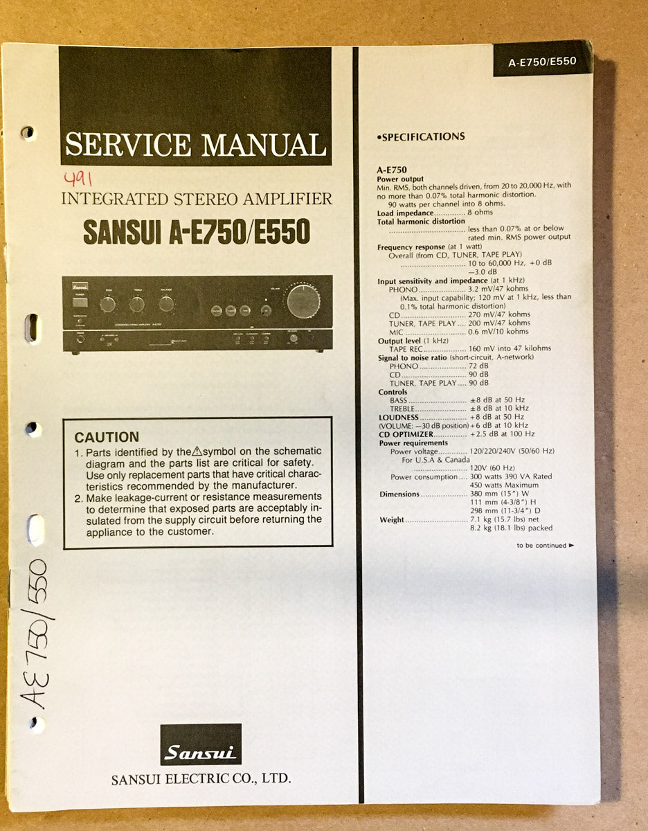 Sansui A-E750 A-E550 Amplifier Service Manual *Original*