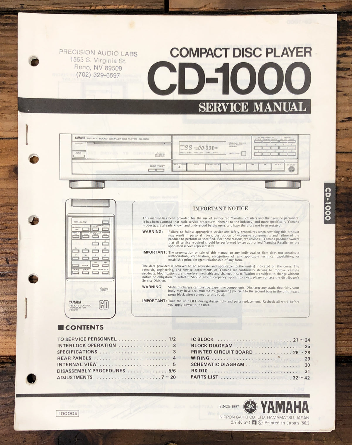 Yamaha CD-1000 CD Player Service Manual *Original*