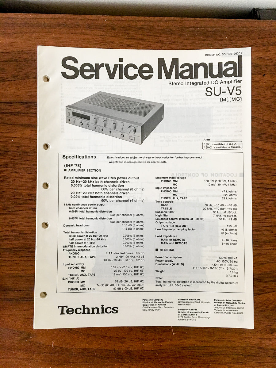 Technics SU-V5 Amplifier Service Manual *Original*