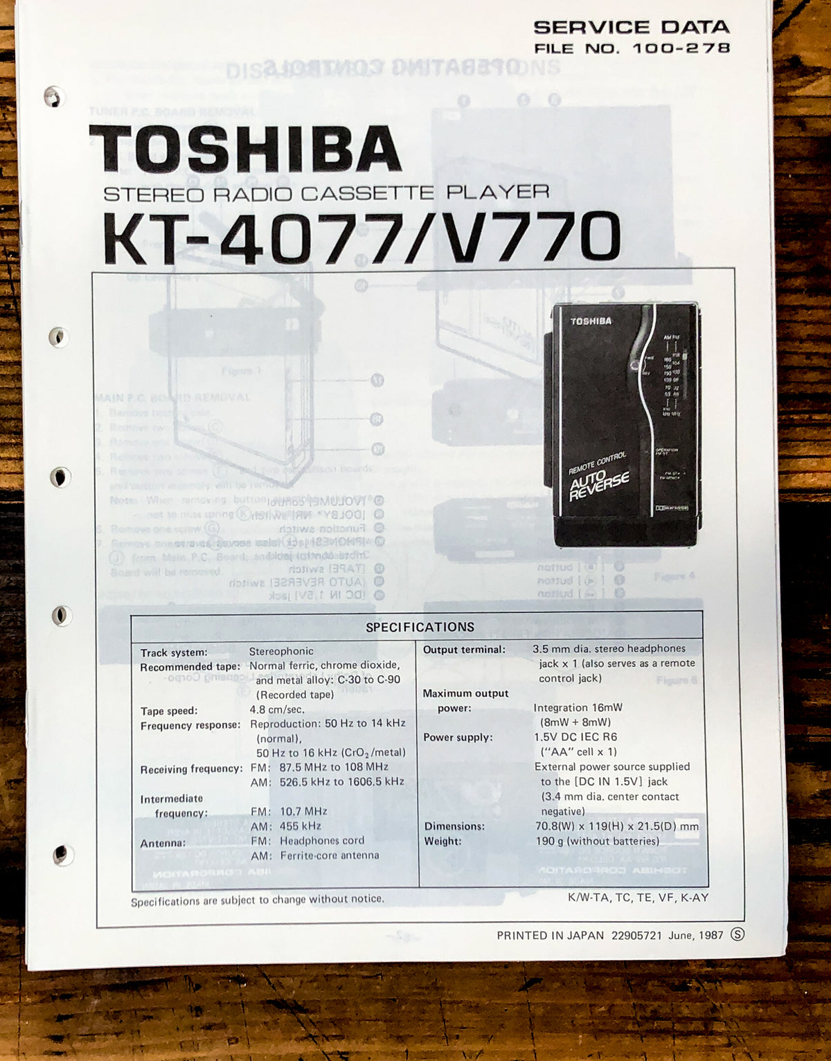 Toshiba Model KT-4077 KT-V770 Cassette Service Manual *Original*
