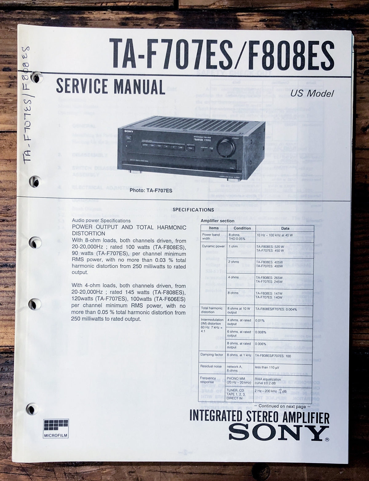 Sony TA-F707ES TA-F8080ES Amplifier Service Manual *Original*