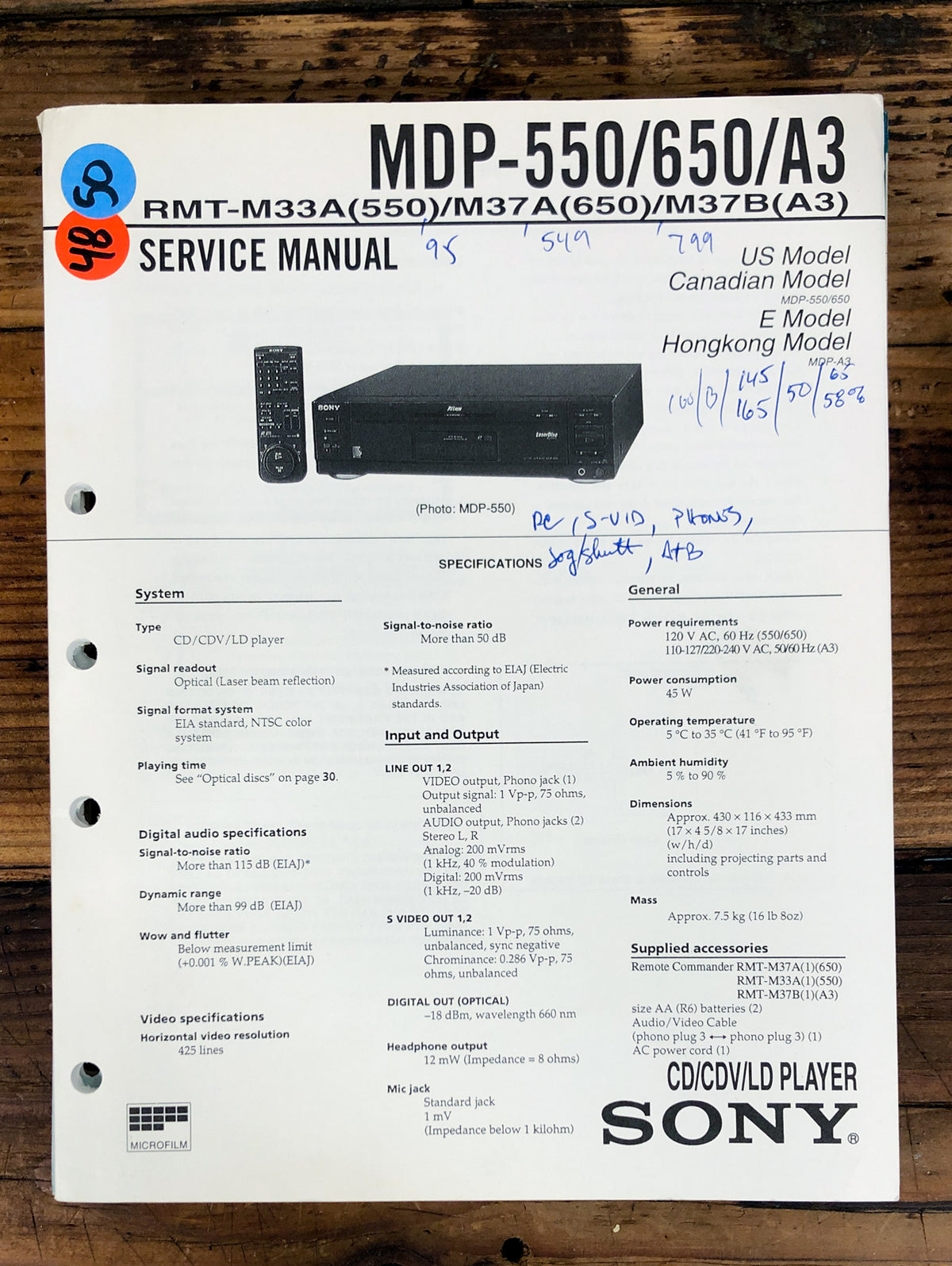 Sony MDP-550 MDP-650 MDP-A3 CD CDV LD Player Service Manual *Original*
