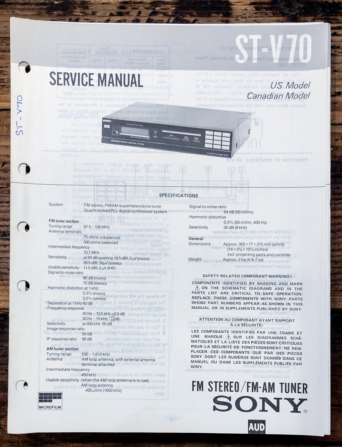 Sony ST-V70 Tuner Service Manual *Original*