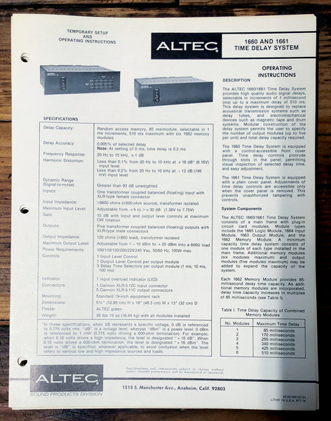 Altec Model 1660 1661 Time Delay  Owners Manual & Schematic *Orig*