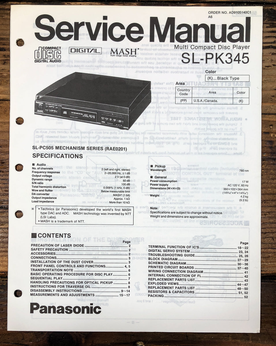 Technics SL-PK345 CD Player Service Manual *Original*