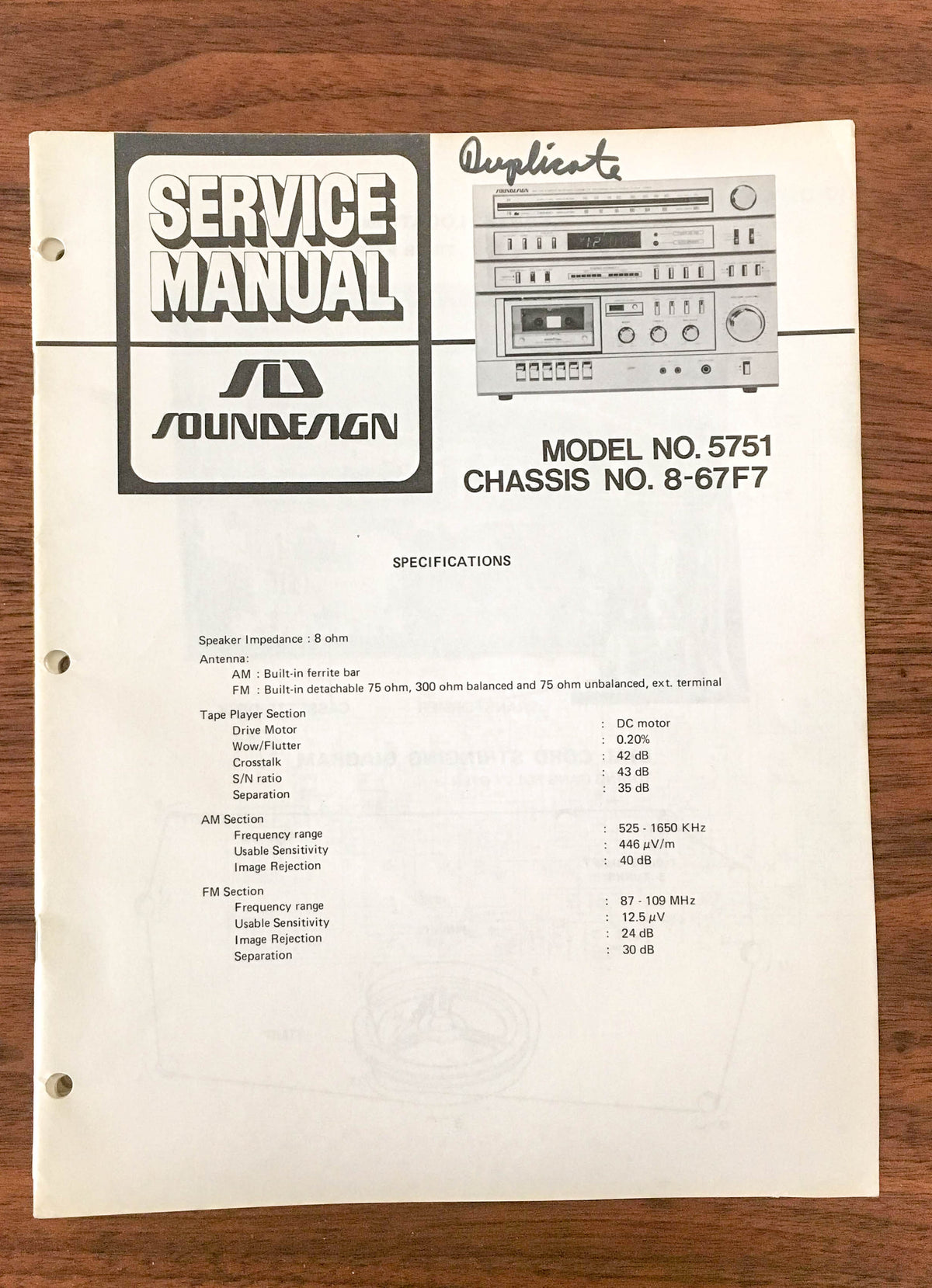SoundDesign Sound Design Model 5751 8-67F7 Stereo Service Manual *Original*