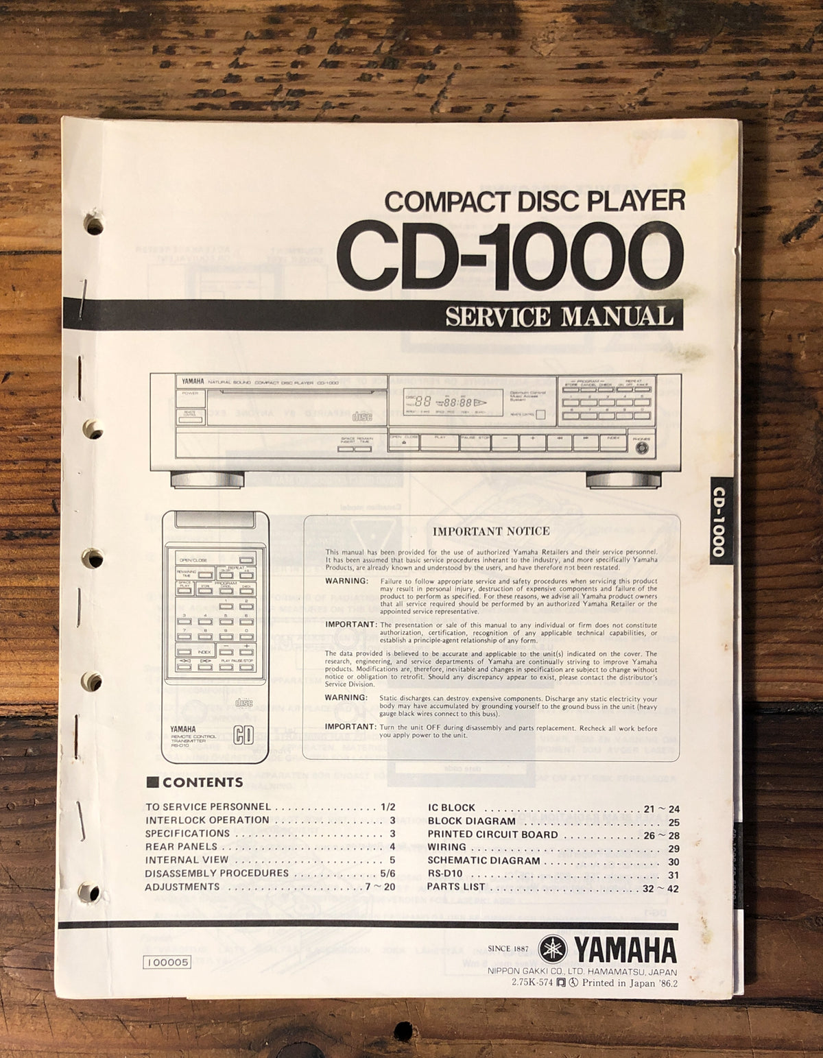 Yamaha CD-1000 CD Player Service Manual *Original*