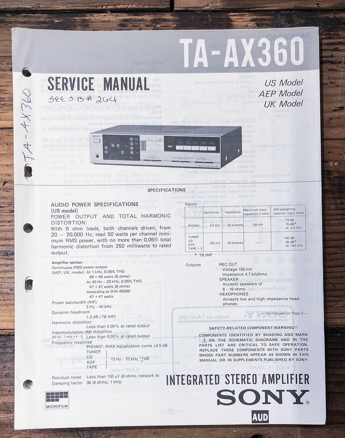 Sony TA-AX360 Amplifier Service Manual *Original*