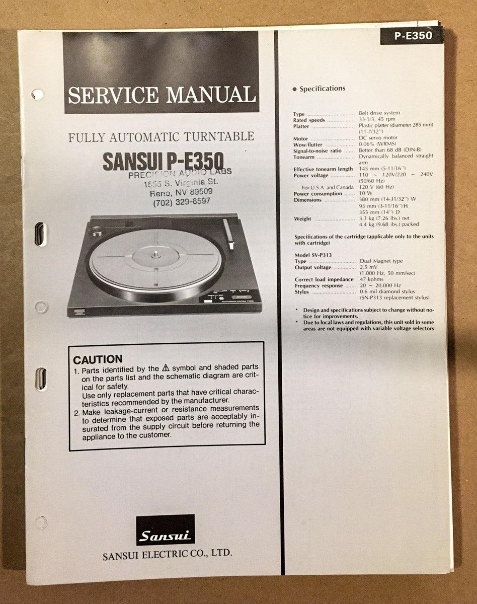 Sansui P-E350 Record Player / Turntable Service Manual *Original*