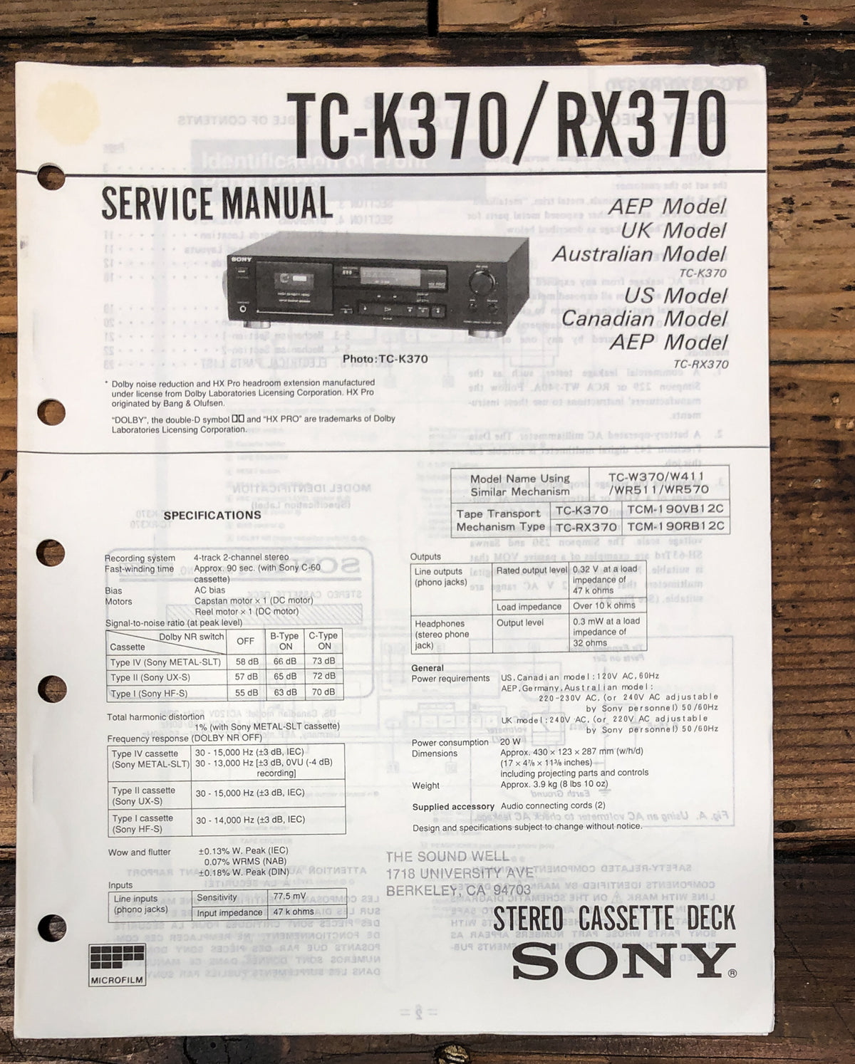 Sony TC-K370 TC-RX370 Cassette Service Manual *Original*