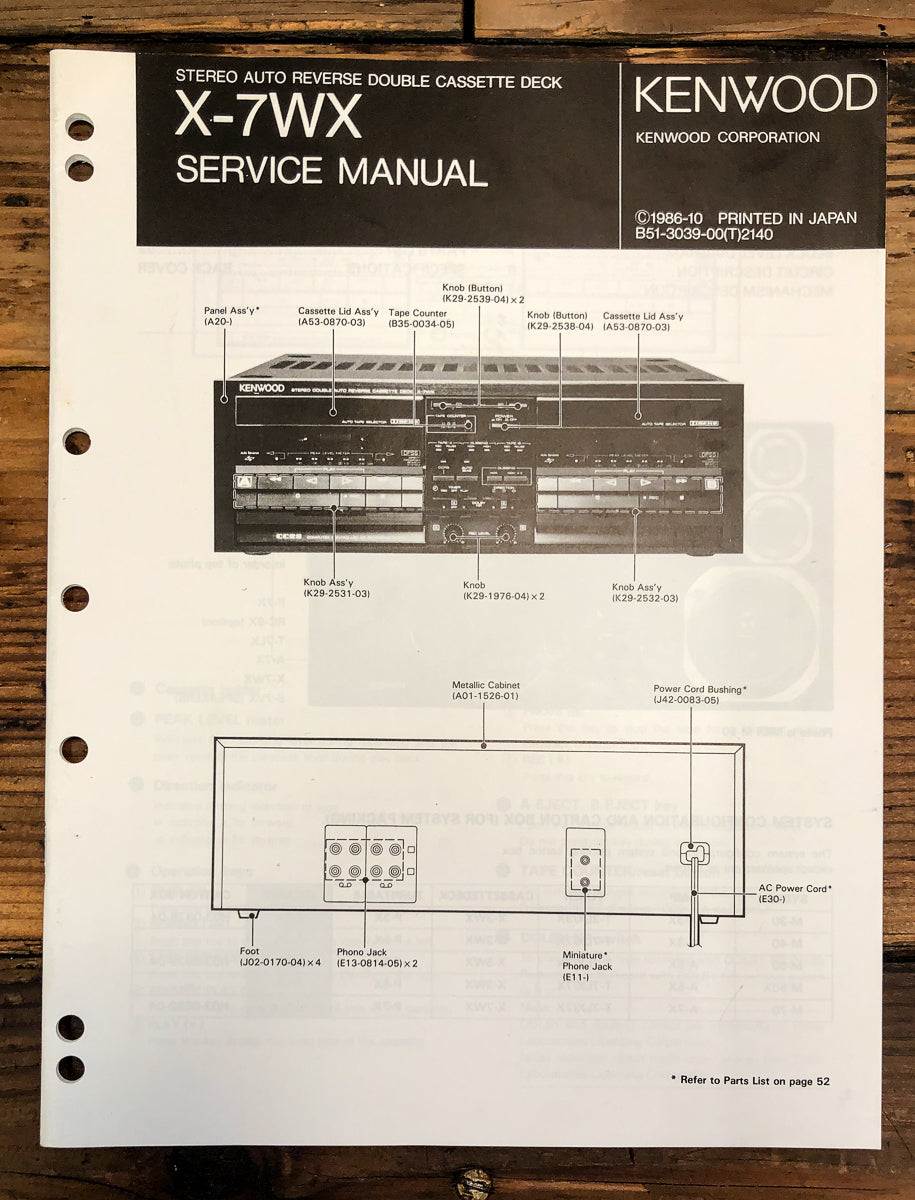 Kenwood X-7WX Cassette Service Manual *Original*