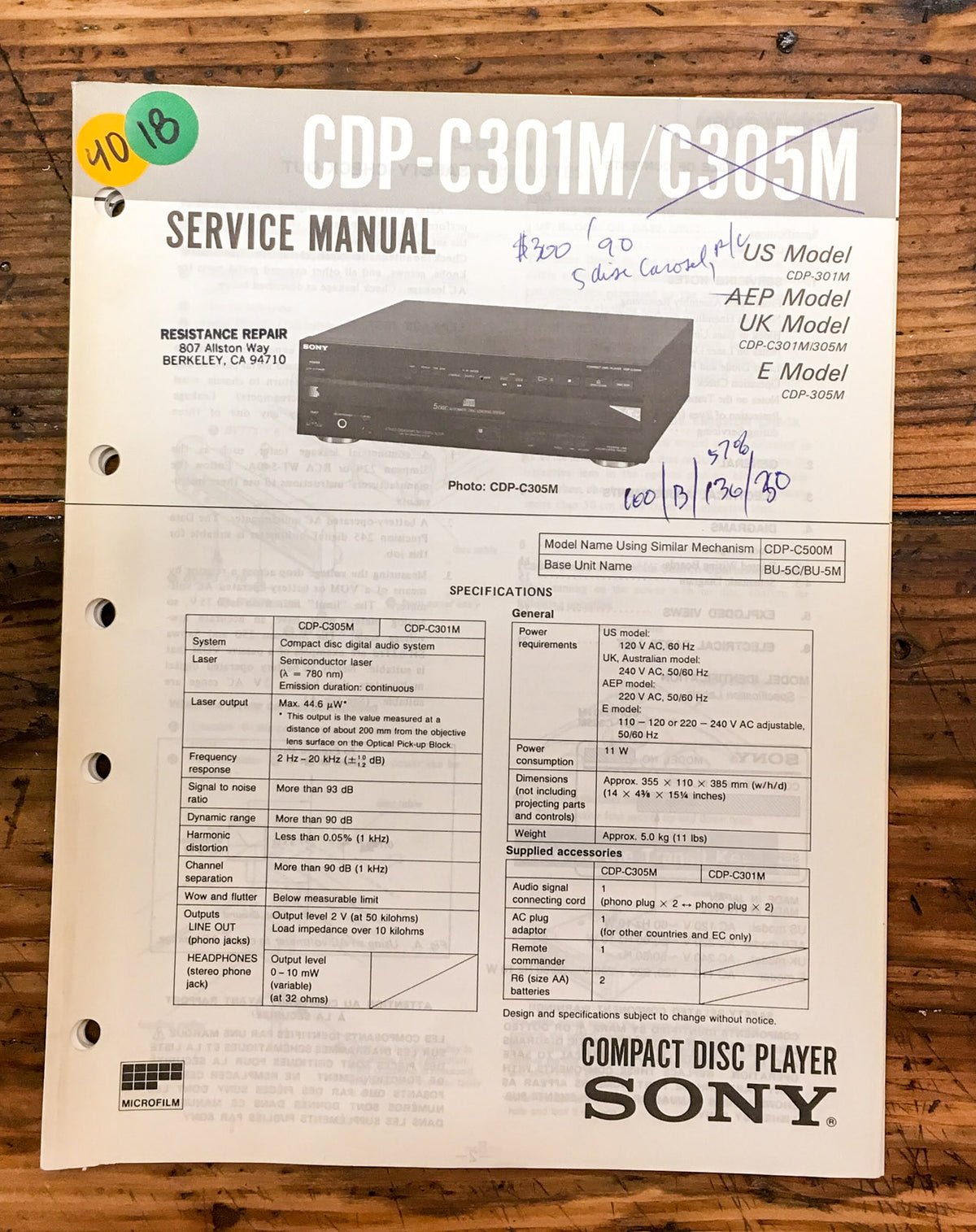 Sony CDP-C301M CDP-C305M CD Player Service Manual *Original*