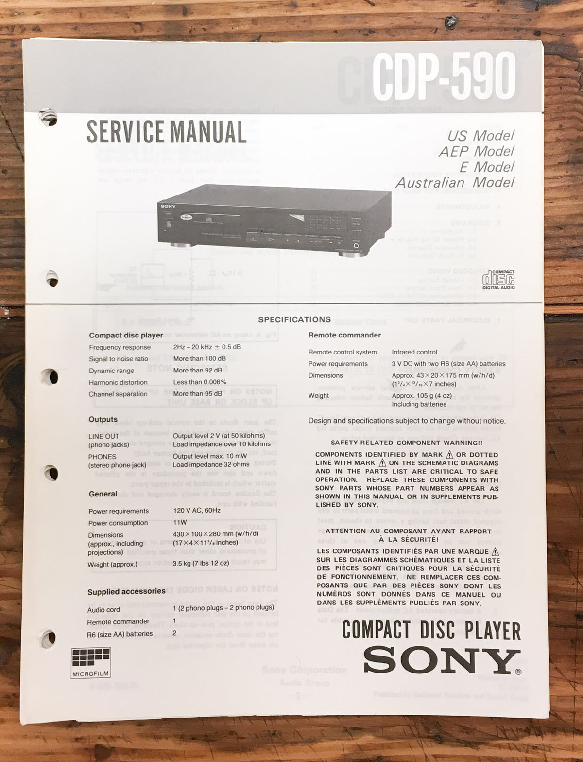 Sony CDP-590 CD Player Service Manual *Original*