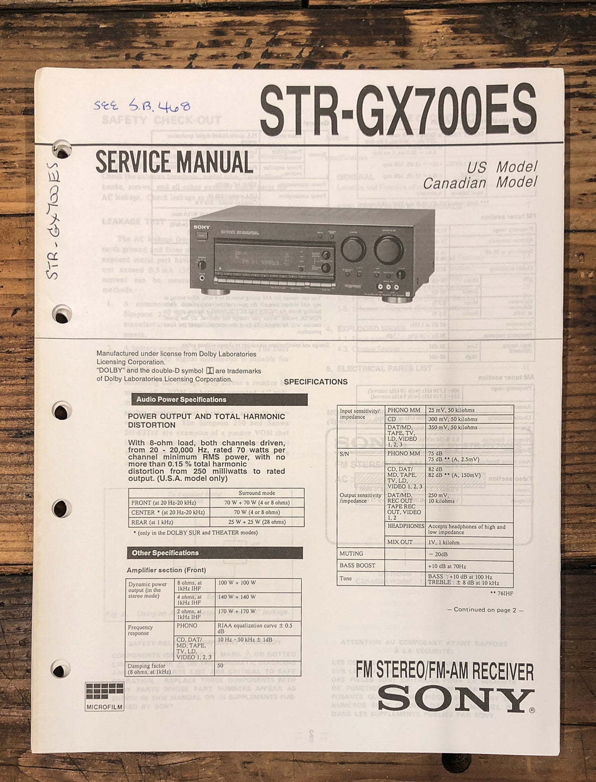 Sony STR-GX700ES Receiver Service Manual *Original*