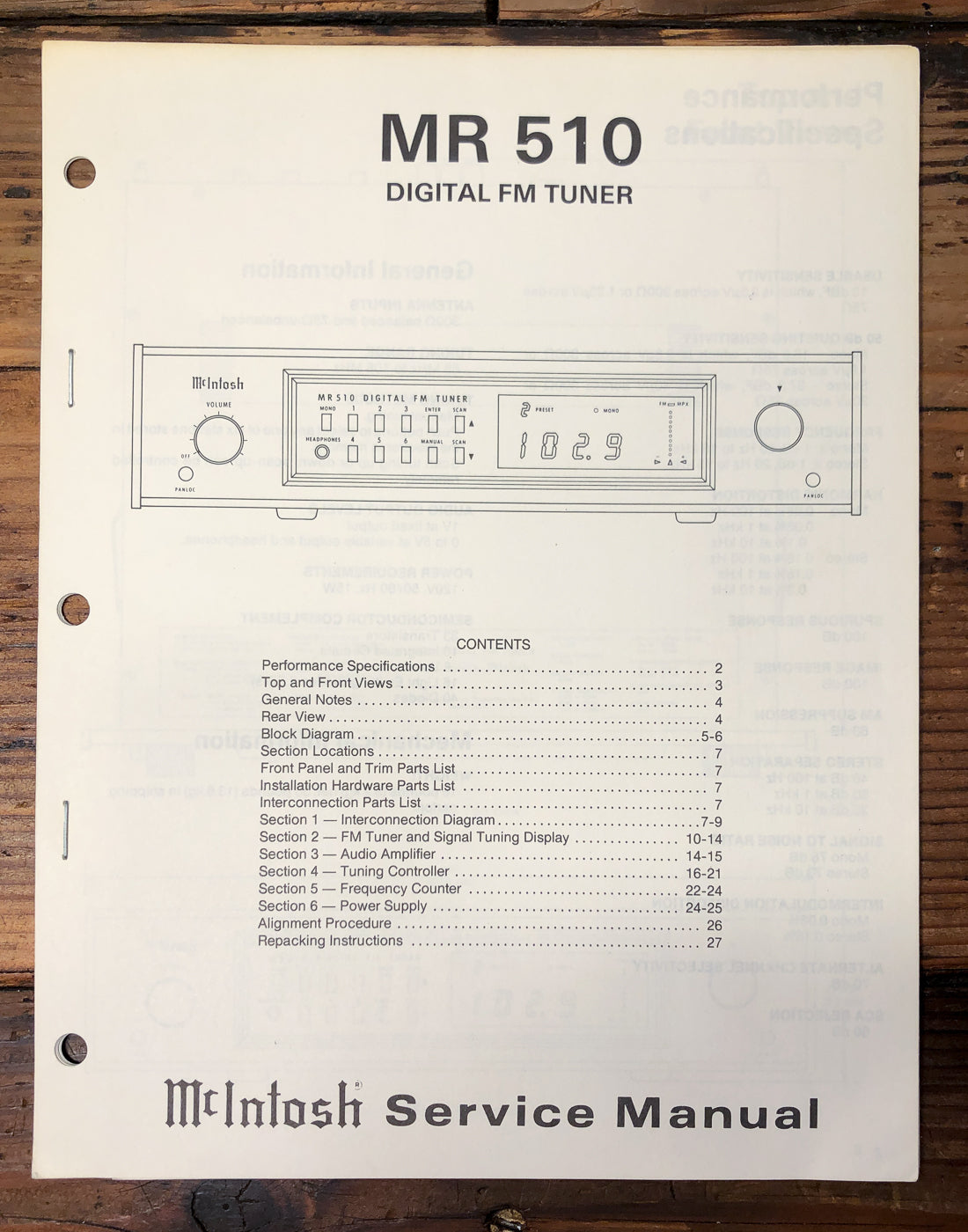 McIntosh MR-510 MR510 Tuner Service Manual *Original*