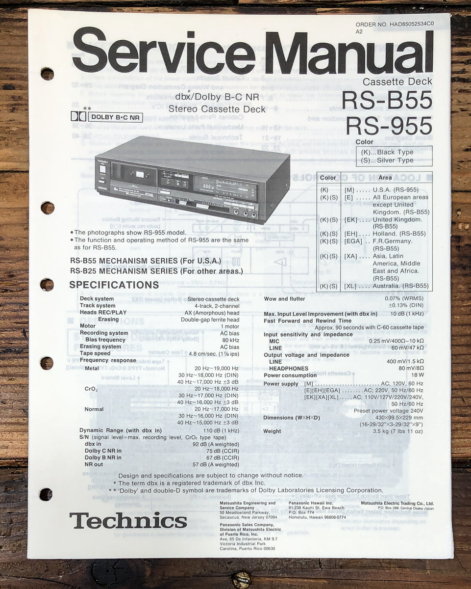 Technics RS-B55 RS-955 Cassette Service Manual *Original*