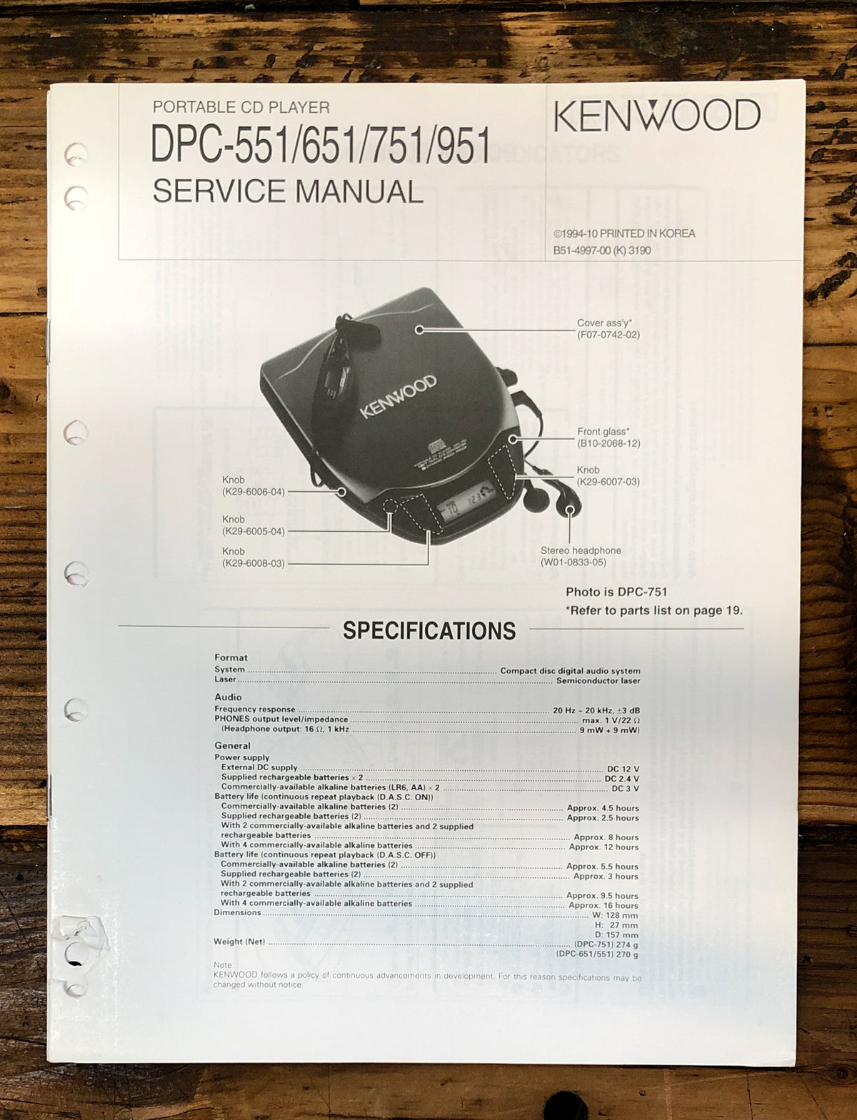 Kenwood DPC-551 -651 -751 -951 CD Player Service Manual *Original*