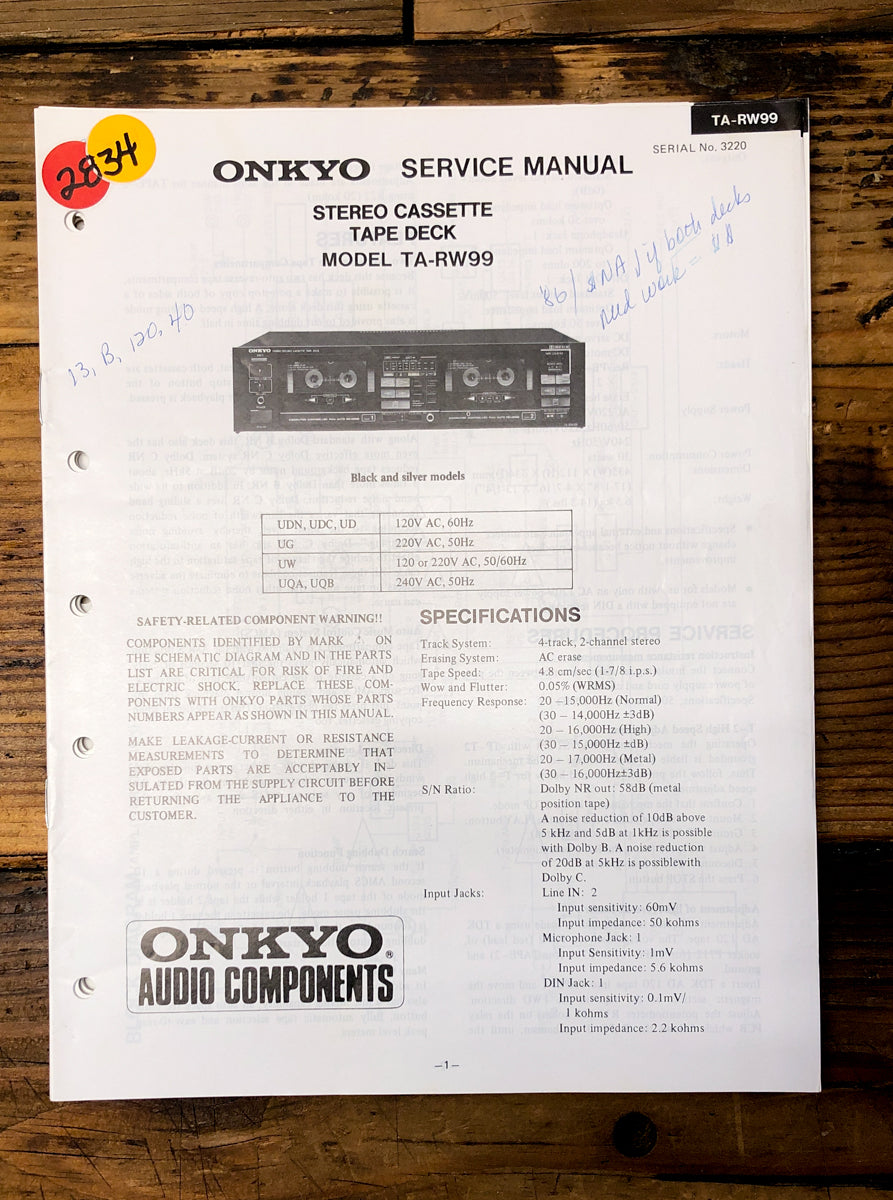 Onkyo TA-RW99 Cassette Service Manual *Original*