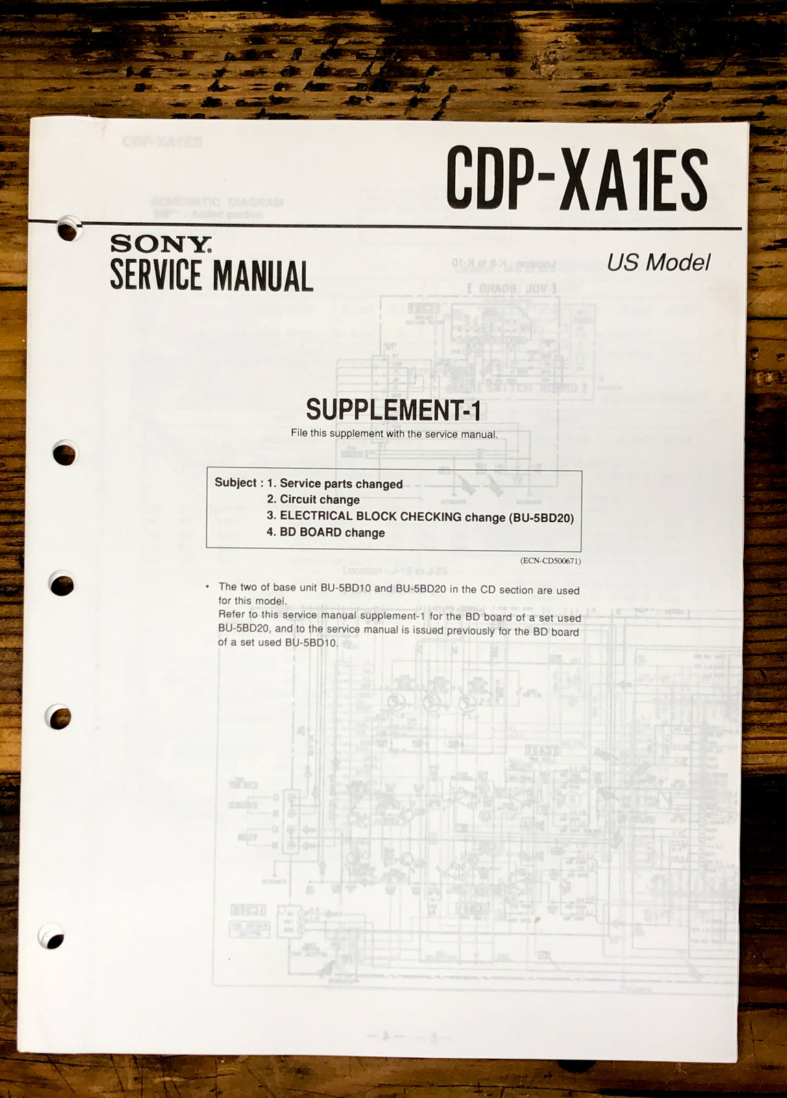 Sony CDP-XA1ES CD Player Supp. Service Manual *Original*