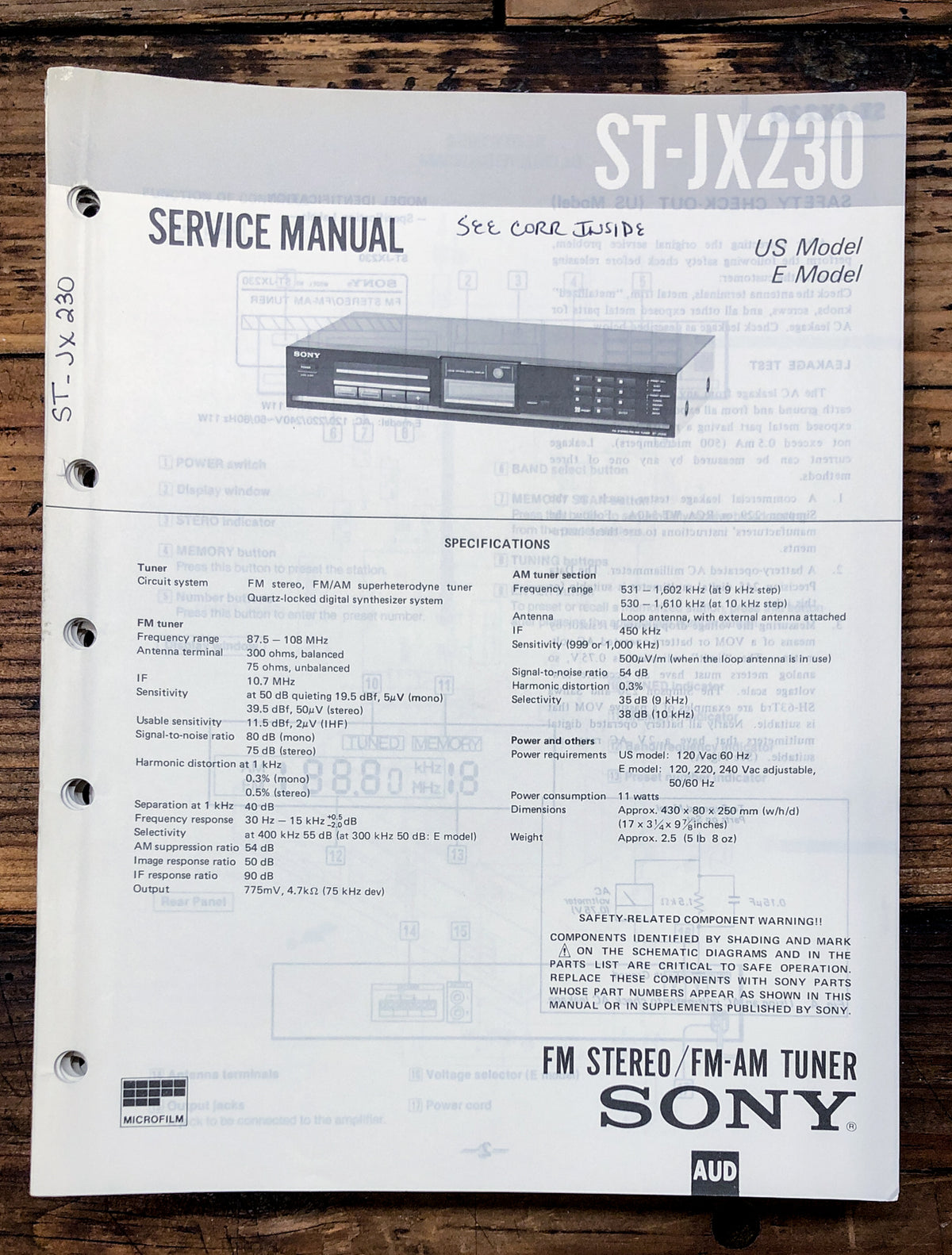 Sony ST-JX230 Tuner Service Manual *Original*