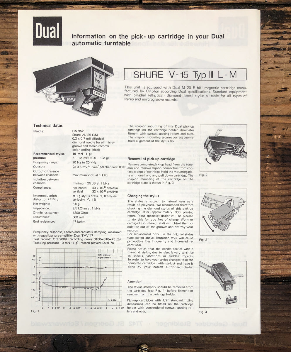 Dual V-15 Typ III L-M Cartridge Owners / User Manual *Original*