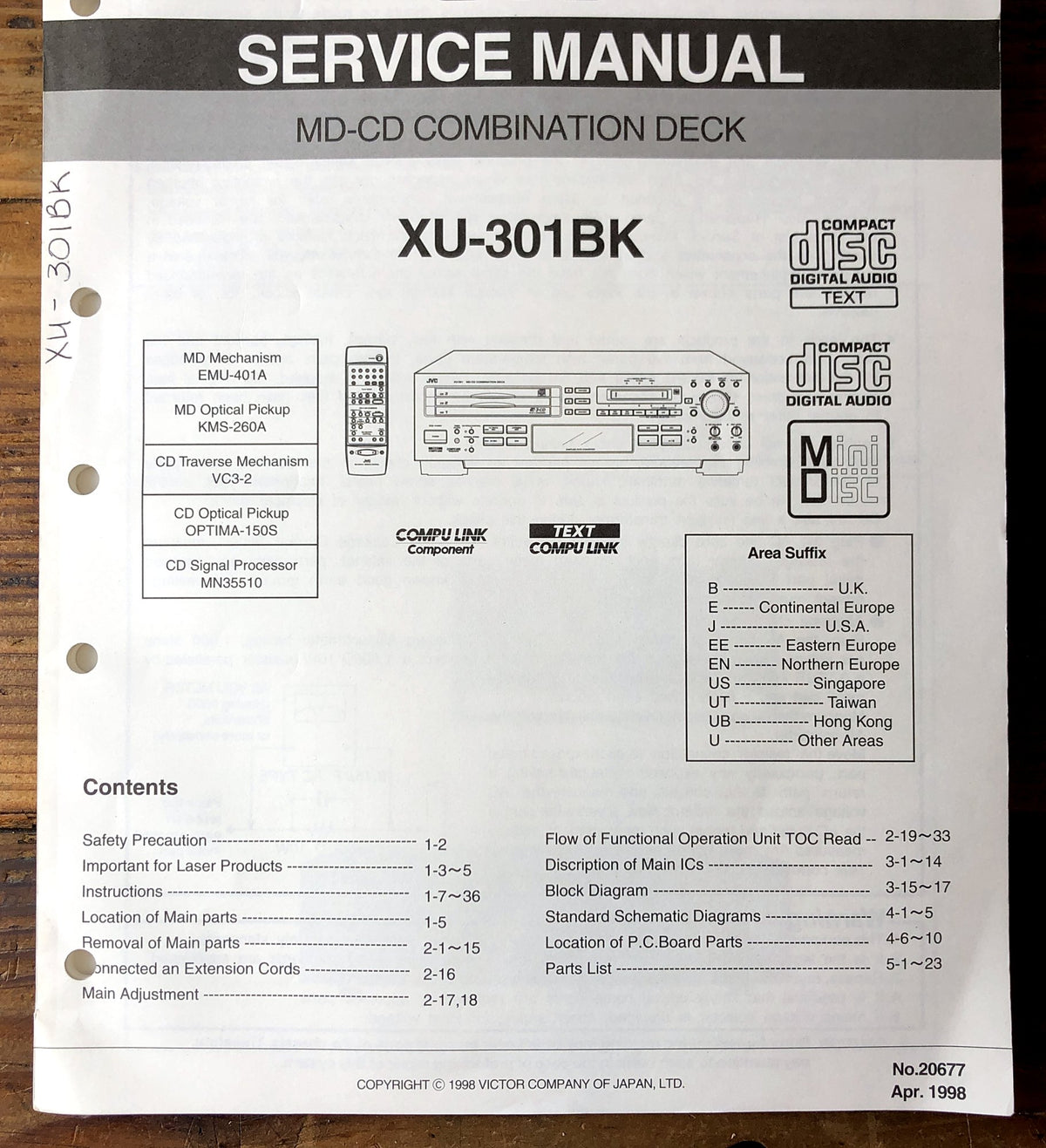 JVC XU-301BK MD-CD Combination Deck Service Manual *Original*