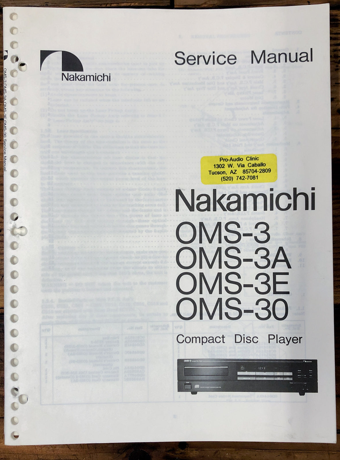 Nakamichi OMS-3 -3A -3E -30 CD Player Service Manual *Original*