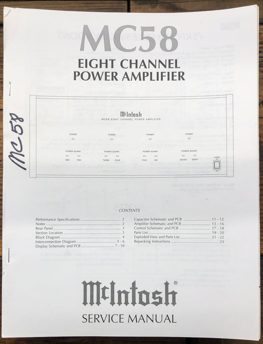 McIntosh MC58 MC-58 Amplifier Service Manual *Original*