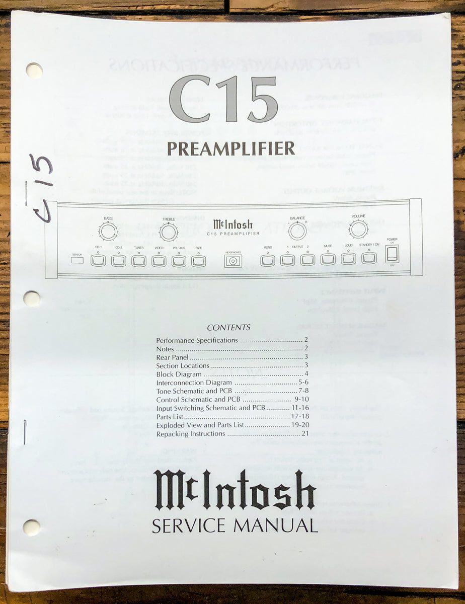 McIntosh C15 C-15 Preamp / Preamplifier Service Manual *Original*
