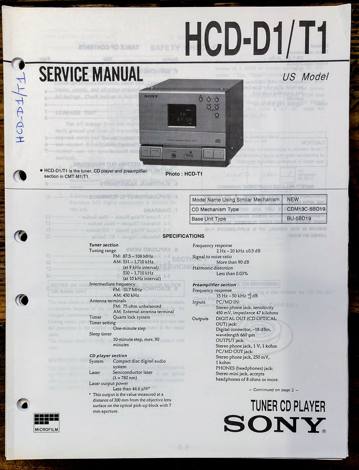 Sony HCD-D1 HCD-T1 Stereo Service Manual *Original*