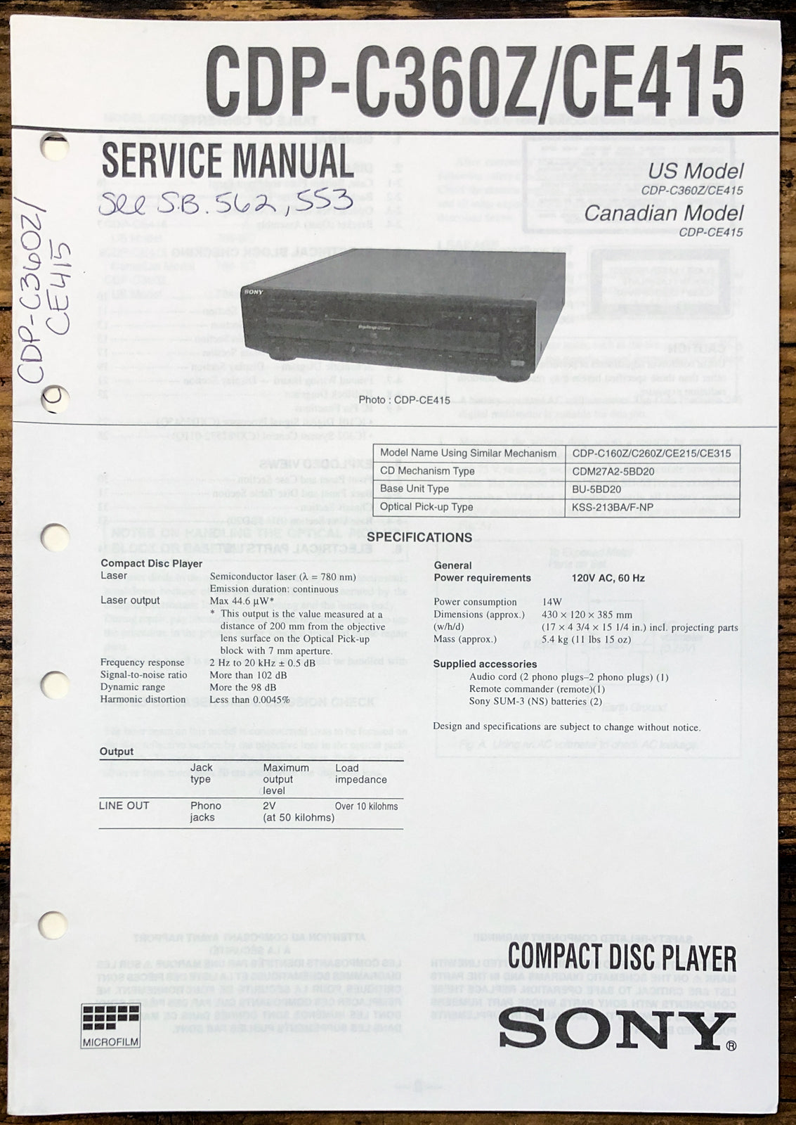 Sony CDP-C360Z CDP-CE415 CD Player Service Manual *Original*