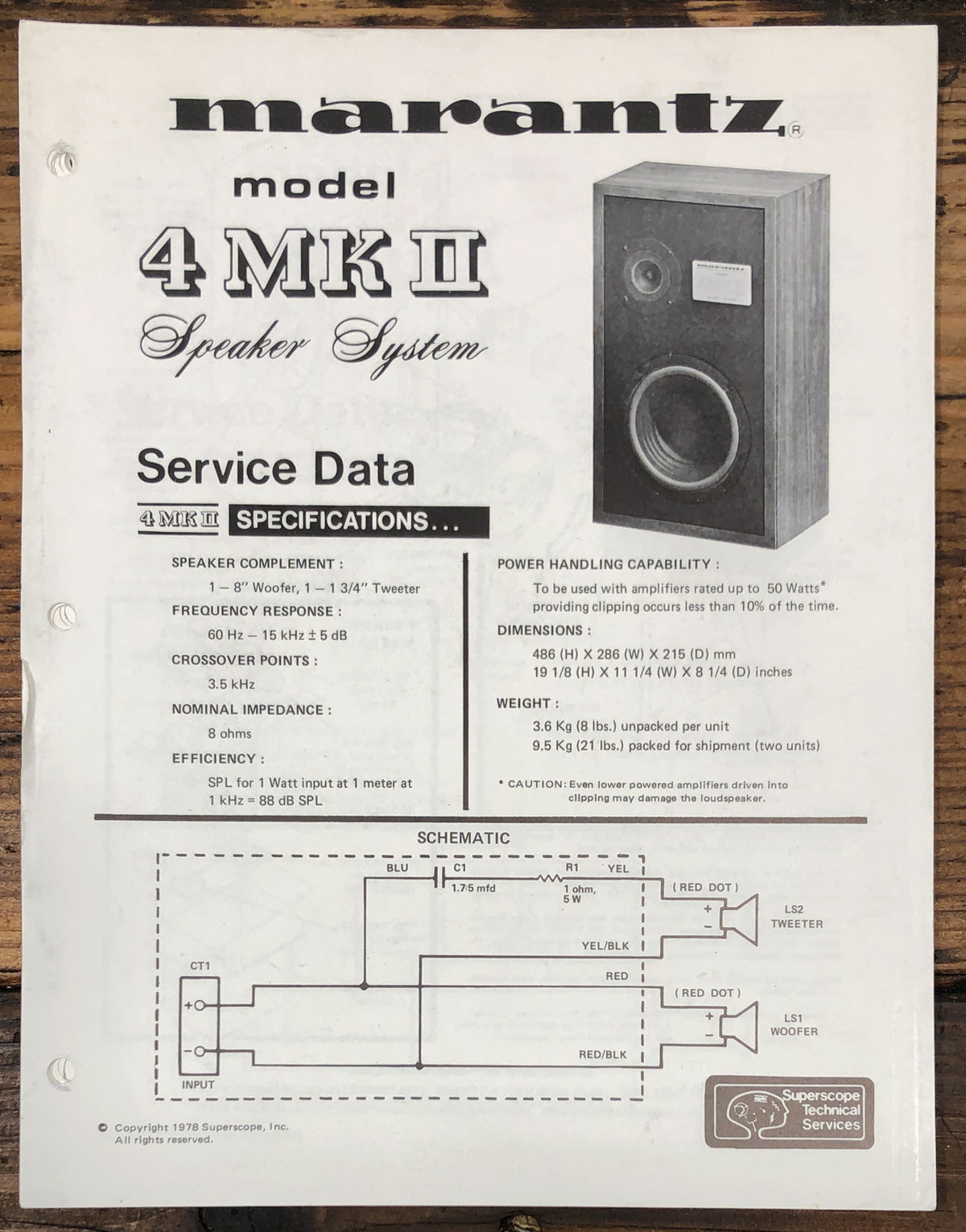 Marantz Model 4 MKII Speaker Service Data Sheet *Original*