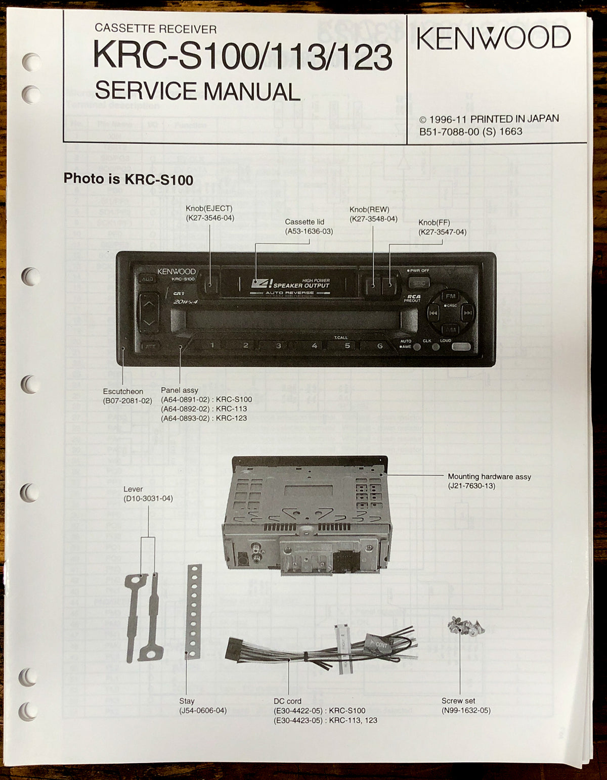 Kenwood KRC-S100 -S113 -S123 Car Stereo Service Manual *Original*