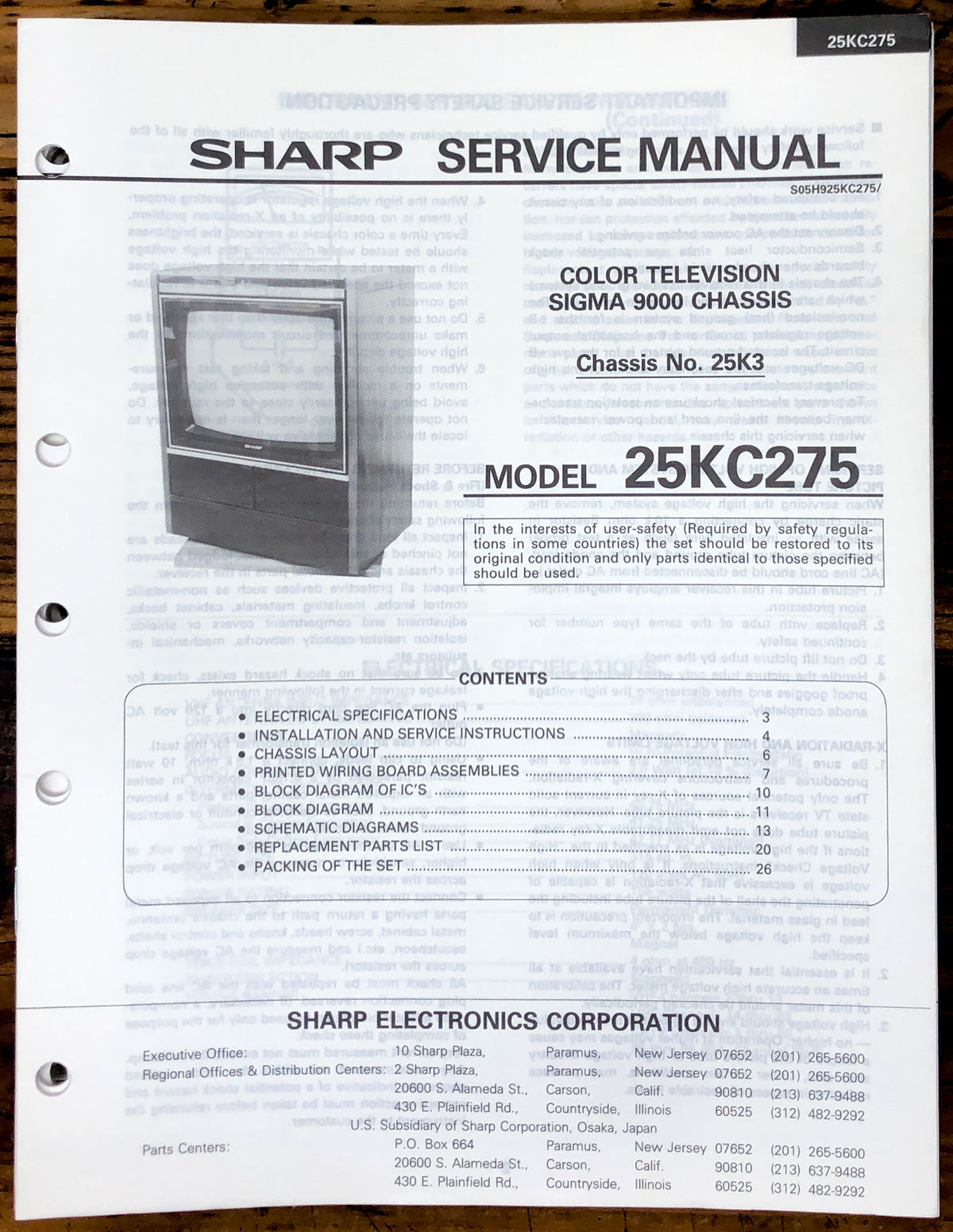 Sharp 25KC275 TV / Television Service Manual *Original*