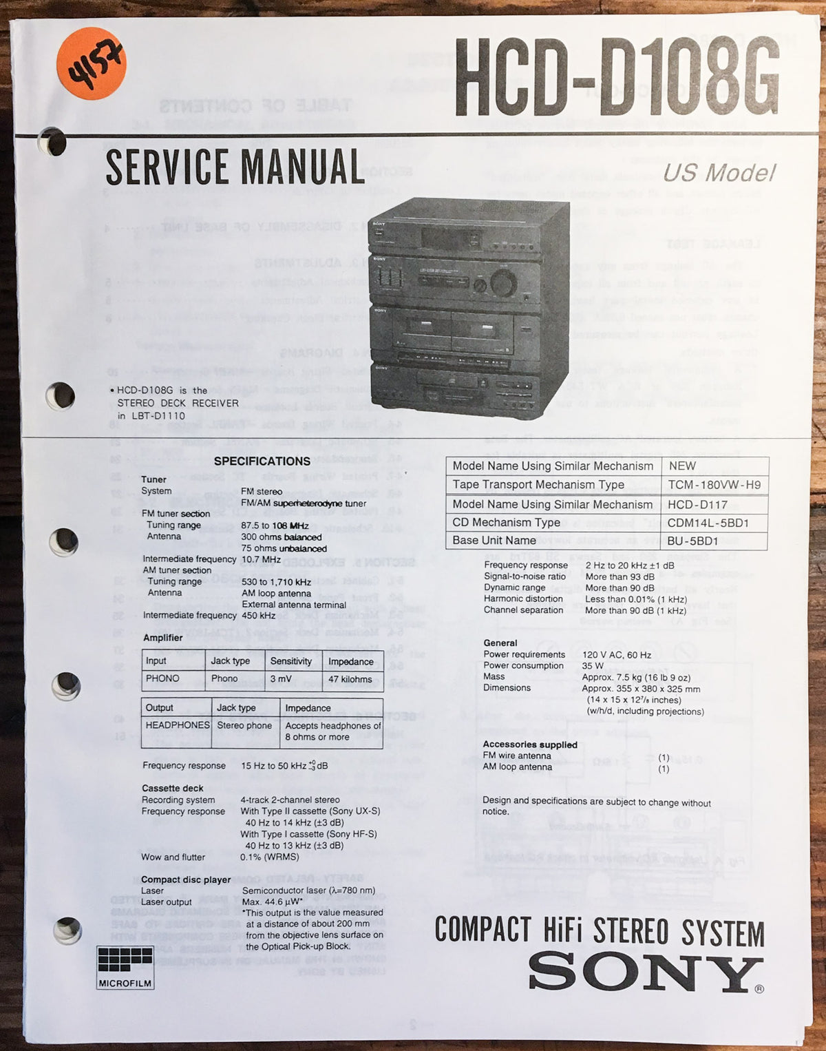 Sony HCD-D108G Stereo Service Manual *Original*