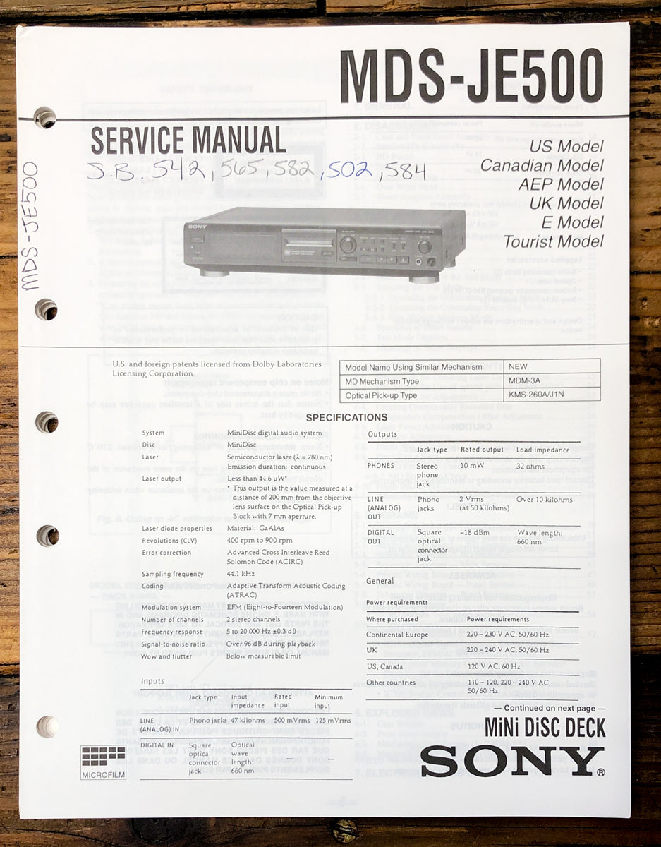 Sony MDS-JE500 MD Deck Service Manual *Original*